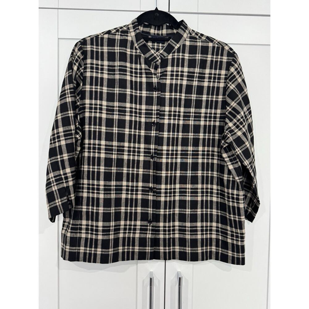Westbound Plaid 100% Linen Button Front Blouse Black Beige Collar 14P Petites